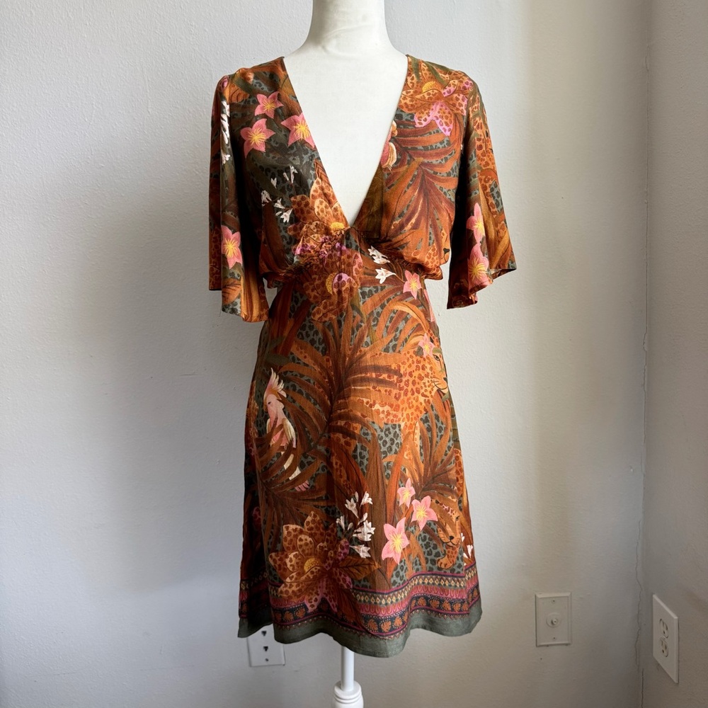 Farm Rio Floral Safari V-Neck Cut Out Dress